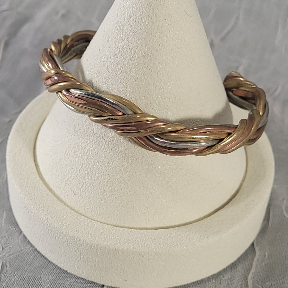 Vintage Tri Tone Braided Cuff Bracelet Copper Brass Silver Tone Jewelry